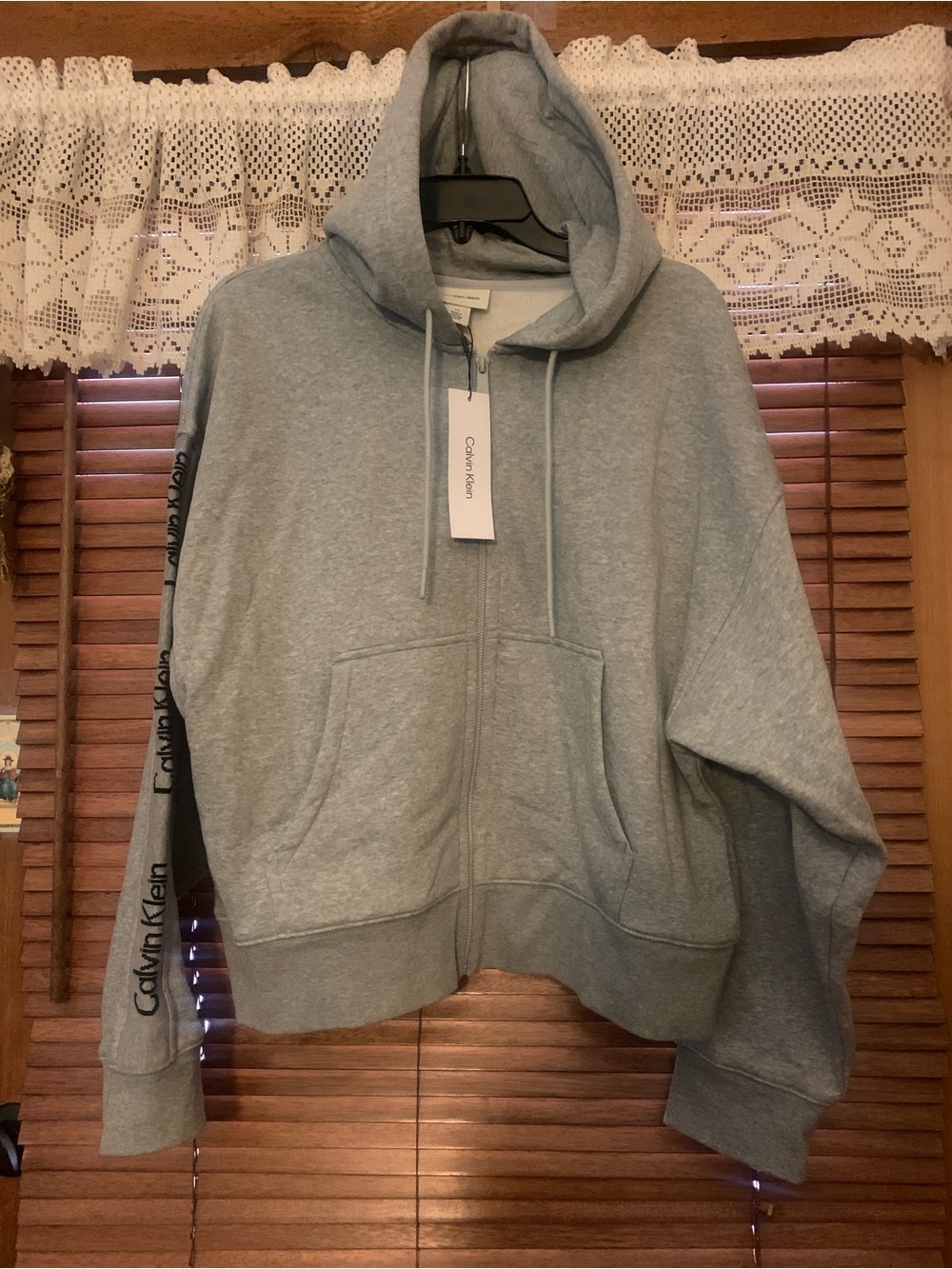 Calvin Klein Heather Gray Full‑Zip Hooded Sweatshirt with Logo Sleeve